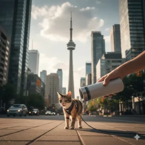 A portable travel cat water bottle being used by a calico cat on a leash in downtown Toronto near the CN Tower.