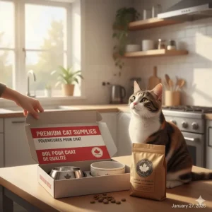 A cat next to a bowl with packaging featuring English and French text (bol pour chat), emphasizing quality Canadian pet standards.