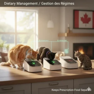 Graphic illustrating how a chip-activated feeder keeps prescription veterinary diets separate in multi-cat households.
