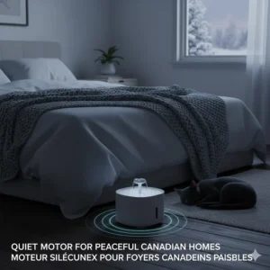 A quiet-motor cat water fountain placed on a hardwood floor, ideal for peaceful Canadian homes.