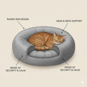 Illustration of the raised rim design on a cat bed providing a sense of security and a headrest for anxious pets.