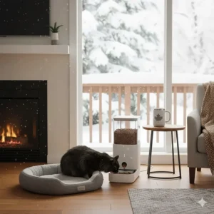 Illustration of an automatic pet feeder working reliably during a snowy Canadian winter morning indoors.
