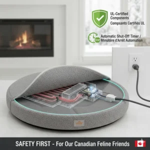 Safety diagram of a heated cat bed featuring UL-certified components and automatic shut-off timers.
