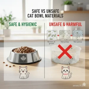 A comparison chart showing why stainless steel is a better cat bowl material than porous plastic to prevent feline acne.