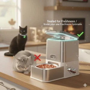 Illustration of a sealed microchip feeder keeping wet food fresh and free from pests or other pets.