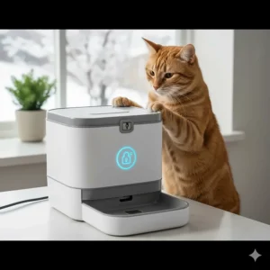 A cat-proof locking mechanism on an automatic wet food feeder to prevent "food motivated" cats from breaking in.