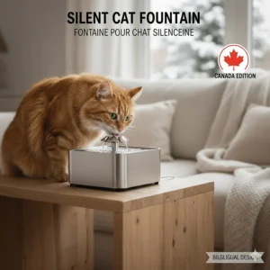 Graphic featuring the silent cat water fountain with English and French "Fontaine pour chat" text for Canadian users.