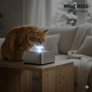 Illustration of the silent cat water fountain with a soft LED glow for visibility during long Canadian winter nights.