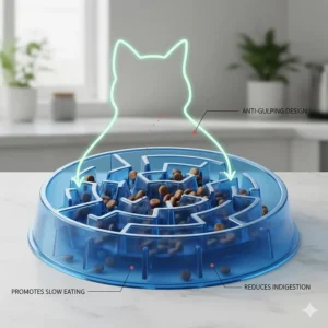 Illustration showing the intricate maze interior of a slow feed cat bowl designed to prevent gulping and indigestion.