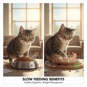 Diagram showing how a cat puzzle feeder toy helps with slow feeding and healthy digestion for indoor cats.