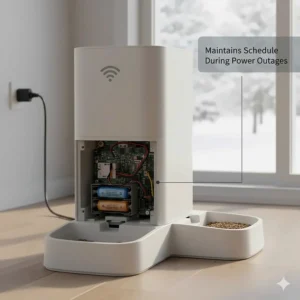 Diagram showing a wifi automatic cat feeder with battery backup, essential for maintaining feeding schedules during Canadian winter power outages.