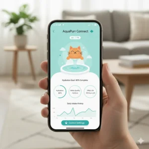 A smartphone displaying a cat hydration tracking app used with a smart water fountain in Canada.