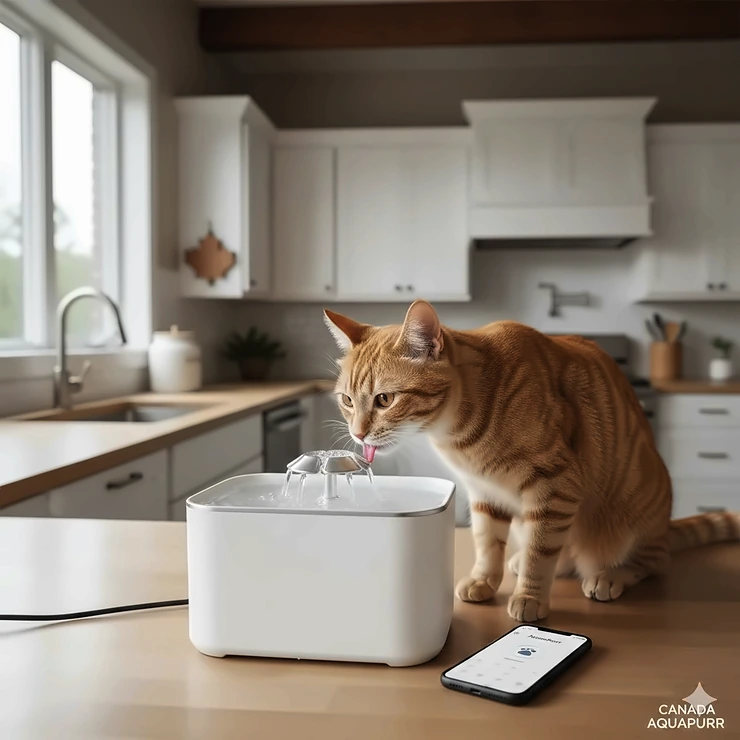 A ginger cat drinking from a smart cat water fountain with app control in a modern Canadian home kitchen.
