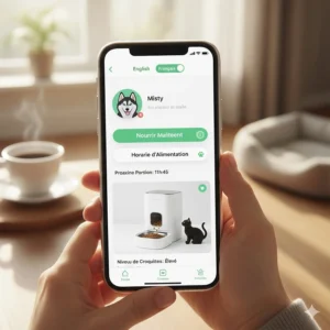 Close-up of a pet feeder app interface with bilingual English and French settings for Canadian users.