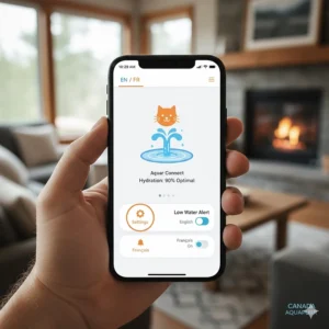 Smartphone app interface for a cat water fountain featuring bilingual English and French settings for Canadian users.