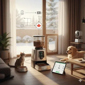 A conceptual drawing of a Canadian smart home setup integrating an automatic feeder with other pet tech.