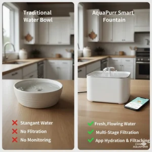 A diagram comparing a traditional bowl to a smart cat water fountain with app tracking and filtration.