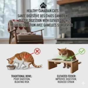 Illustration of an elevated cat feeder stand with anti-slip feet for stability on hardwood floors.