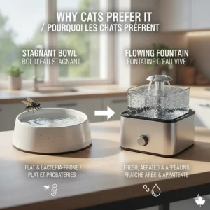 A comparison of a stagnant, bacteria-prone water bowl versus a fresh, aerated flowing fountain for better cat hydration.
