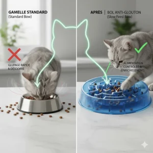 Side-by-side comparison showing a cat finishing food instantly in a regular bowl versus pacing itself in a slow feed cat bowl.