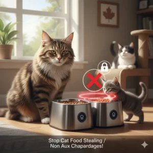 A microchip sensor feeder preventing a greedy kitten from stealing food from a senior cat's bowl.