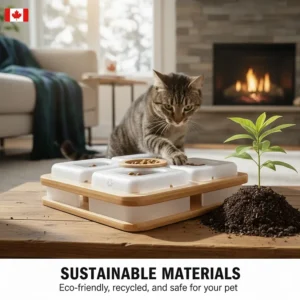 Eco-friendly cat puzzle feeder toy made from recycled materials, popular with environmentally conscious Canadian pet owners.