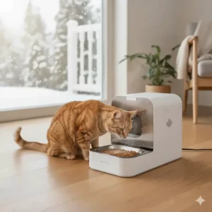 Illustration of a cat eating from an automatic wet food feeder during a snowy Canadian winter morning.