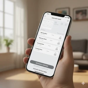 A smartphone interface in English and French showing a scheduled feeding for an automatic wet food cat feeder.