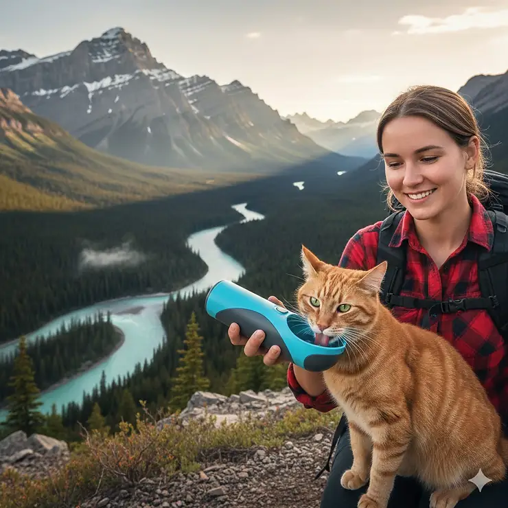 A ginger cat drinking from a travel cat water bottle held by a hiker overlooking the Rocky Mountains in Banff, Alberta.