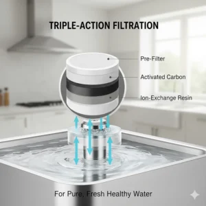 Diagram of a triple-action carbon filter removing impurities from a silent cat water fountain for fresh water.