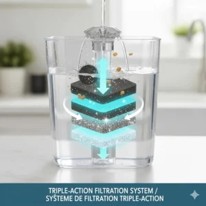 Illustration of a triple-action filter removing hair and debris from a cat water fountain.