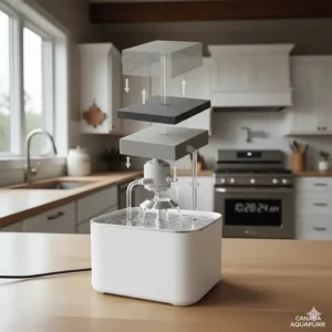 Illustration of the multi-stage filtration system for a smart cat water fountain, ensuring clean water.
