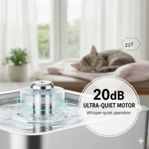 Illustration showing the 20dB ultra-quiet motor of a silent cat water fountain, quieter than a whisper.