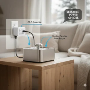 Graphic showing a USB-powered silent cat water fountain compatible with standard Canadian power adapters.