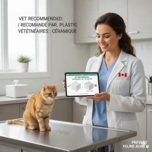 Illustration of a Canadian veterinarian recommending a ceramic fountain over plastic to prevent feline acne.