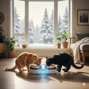 An automatic cat feeder for multiple cats playing a recorded voice message to call pets for mealtime.
