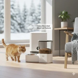Illustration of a wifi cat feeder emitting a personalized voice recording to call a cat to dinner, a common feature in top-reviewed models.