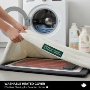 Illustration of a removable and machine-washable cover for a heated cat bed, ideal for easy maintenance.
