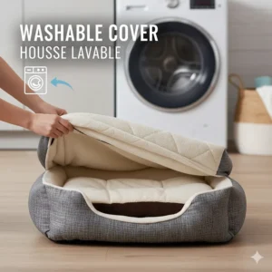 A senior cat bed with a removable, machine-washable cover (housse lavable) for easy maintenance.