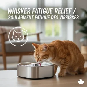 A cat drinking comfortably from a wide-top fountain bowl that prevents whisker fatigue by allowing space for sensitive whiskers.