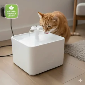 Top-down view of a shallow ceramic cat fountain bowl designed to prevent whisker fatigue for Canadian feline breeds.