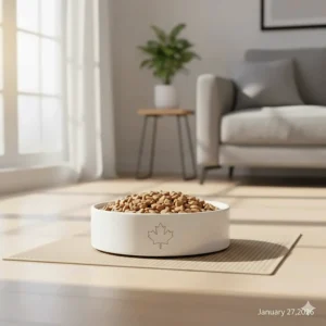 Illustration of a wide, shallow bowl design to prevent whisker fatigue, featuring the best cat bowl material for sensitive felines.