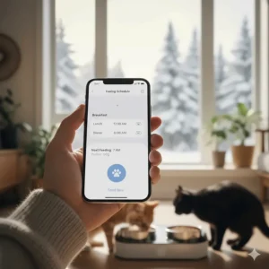 A pet owner in Canada using a mobile app to schedule meals on an automatic cat feeder for multiple cats.