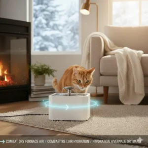 A cozy indoor scene of a cat using a water fountain during a Canadian winter to combat dry furnace air.