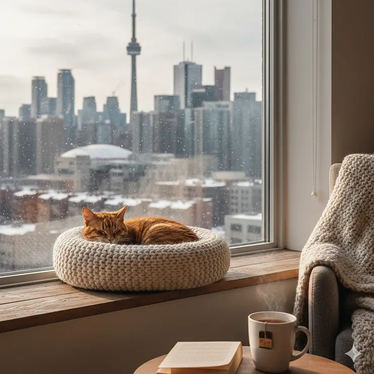 A cozy cat bed for apartment living placed near a window overlooking a snowy Toronto skyline.