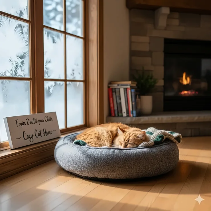 A cozy grey felt cat bed under $50 placed near a frosted window in a Canadian home.
