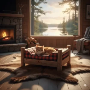 Illustration of a rustic, cabin-style cat bed under $50, fitting for a Canadian cottage or lakeside home.