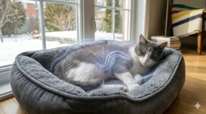 Soft-textured calming cat bed designed to reduce stress and anxiety during the post-operative recovery period.