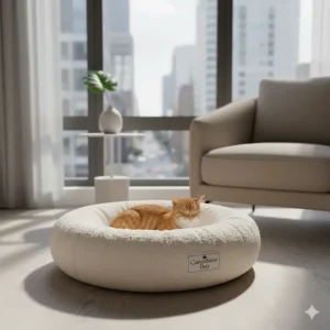 A minimalist donut-style luxury plush cat bed in cream, ideal for modern urban Canadian interiors.