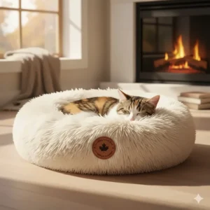 A soft, round calming donut cat bed under $50, perfect for anxious pets in any Canadian household.